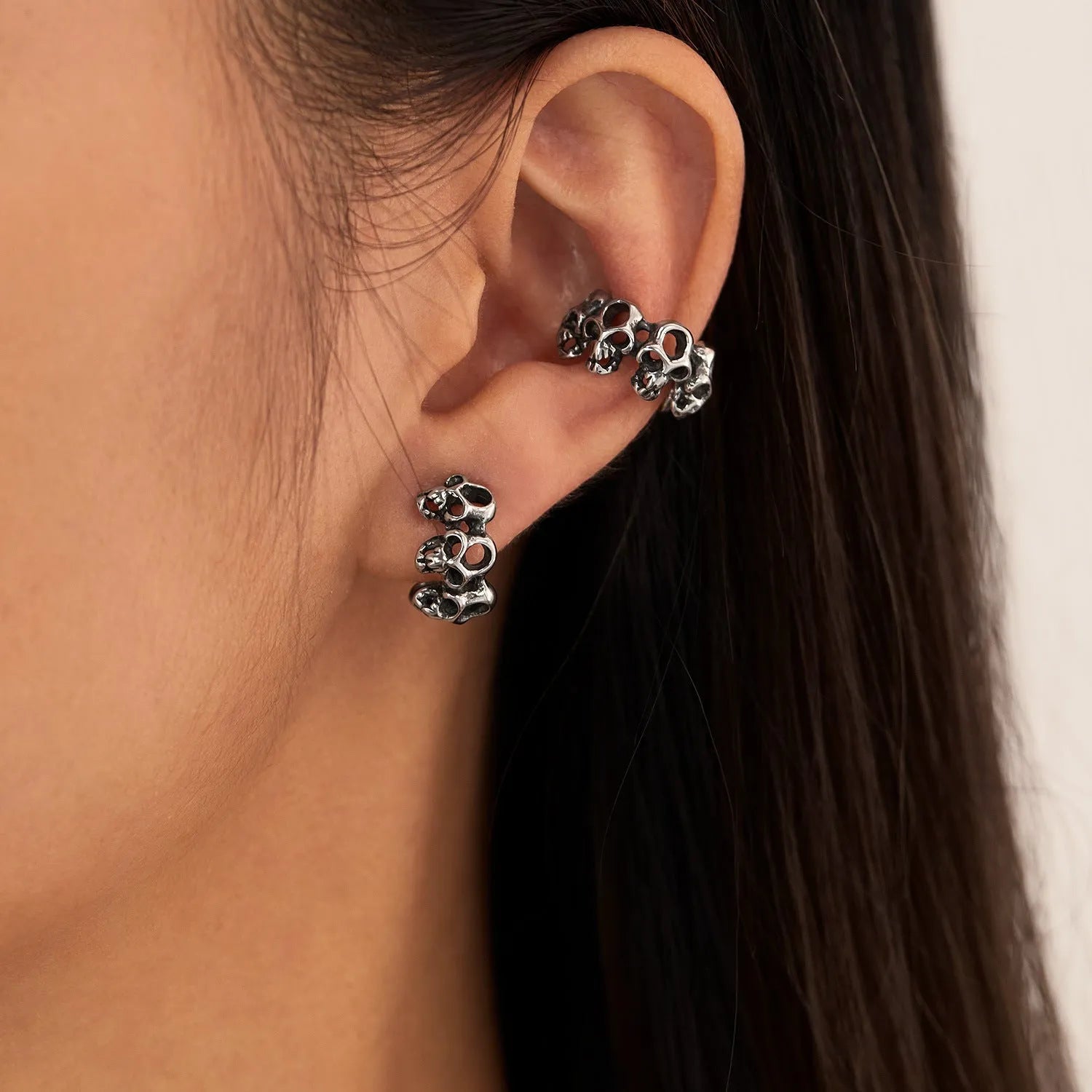 Stainless steel hollow skull geometry ear clip earrings for men and women