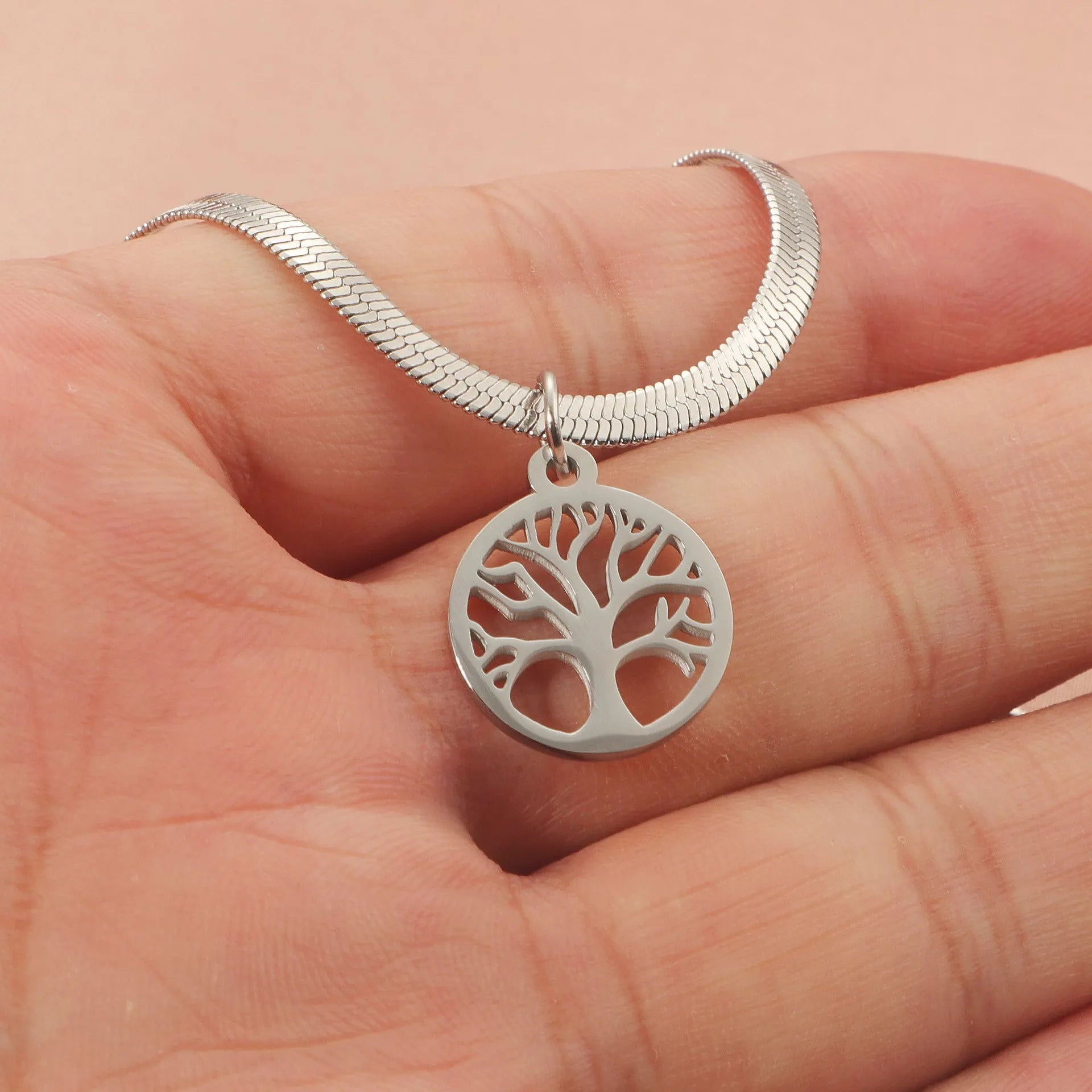 Stainless steel lucky tree necklace with adjustable snake bone chain and U-shaped titanium steel pendant