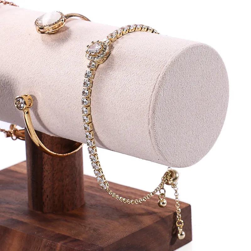 Solid wood antique style bracelet display stand with short cylinder inserts in choice of colours