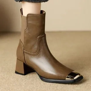 Brown cowhide Martin ankle boots with side zipper and decorative metal rivet details
