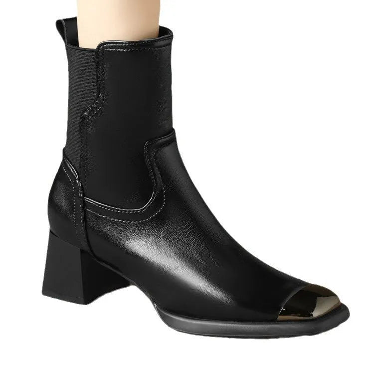 Brown cowhide Martin ankle boots with side zipper and decorative metal rivet details