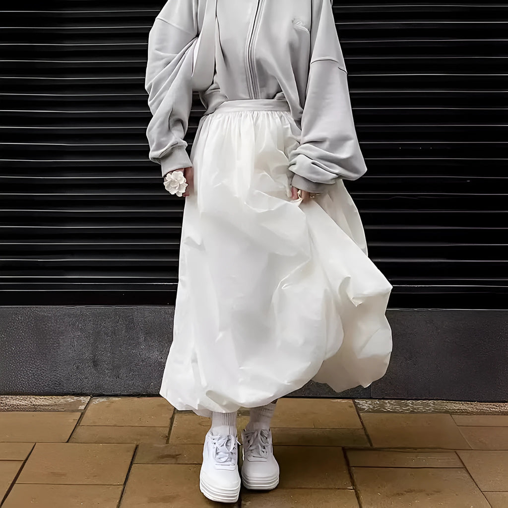 Women's solid colour long cotton skirt in white or black, casual girlish style.