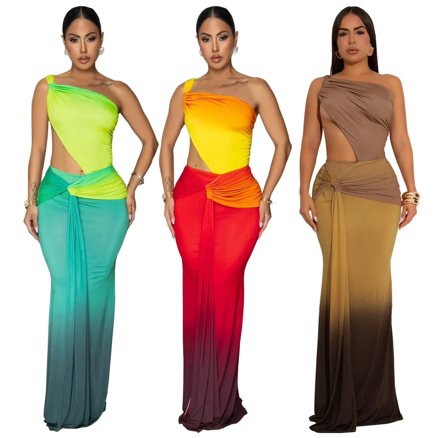 Women's cross-shoulder gradient dress with long skirt and high waist in brown colour option