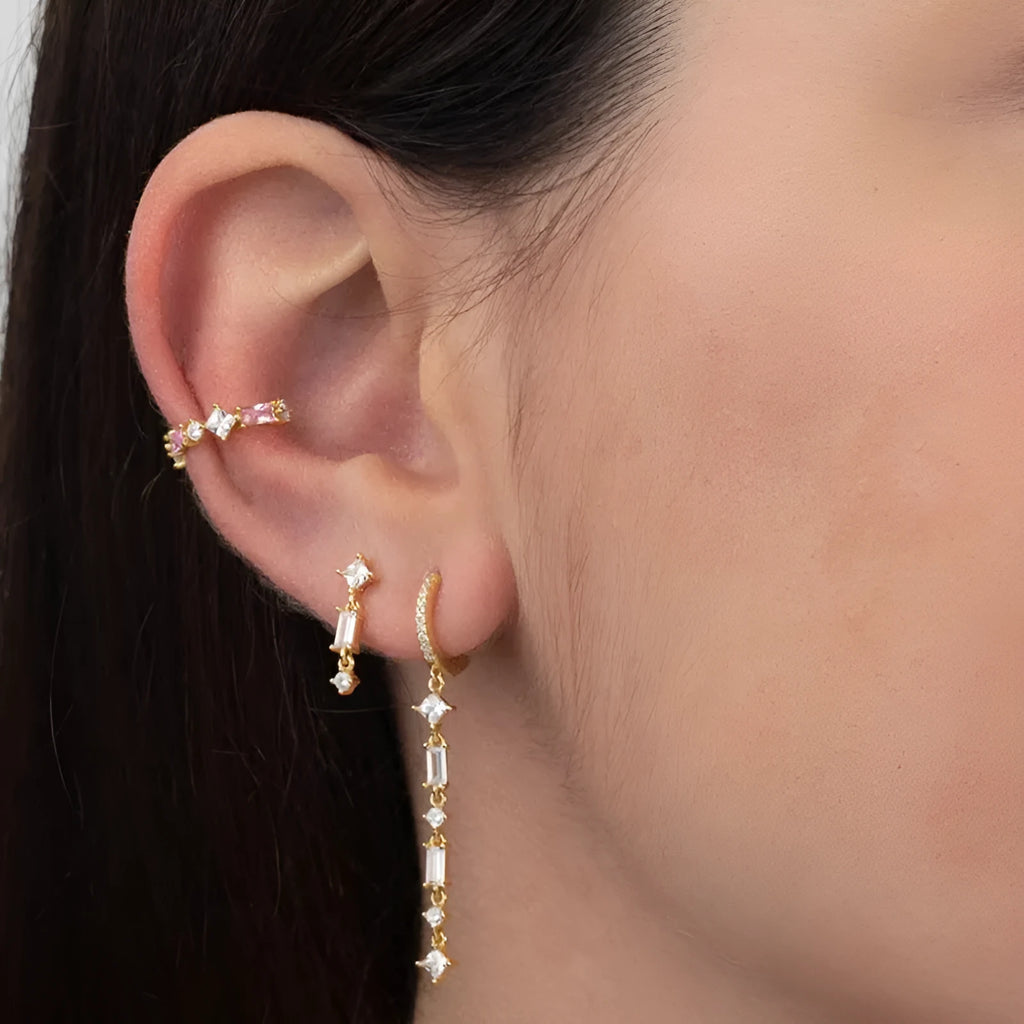 Sterling silver needle micro-inlaid colourful zircon fashion tassel ear clip with geometric U-shaped design