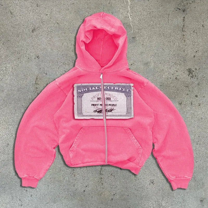 Men's and women's loose-fit zip-up hoodie jacket with letter pattern and zipper pocket in black, grey, or pink