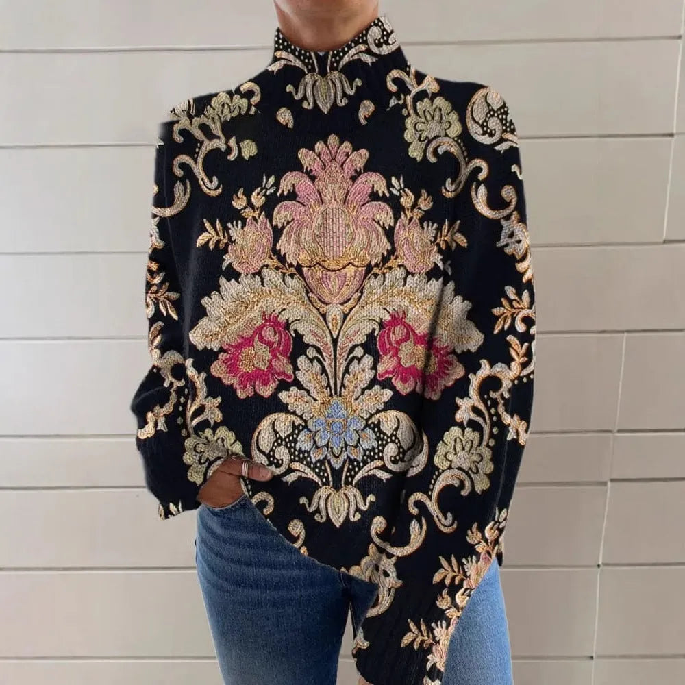 Black line 3D pattern printed turtleneck long sleeve sweater with loose fit and medium thickness on a hanger