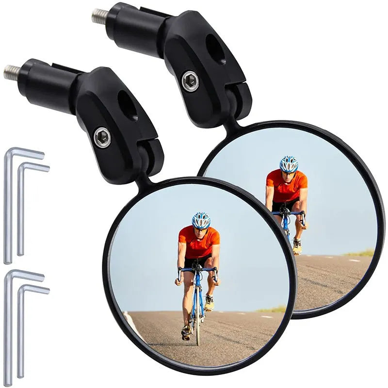 Foldable convex rearview mirror for bicycle handlebars, made of black ABS plastic.