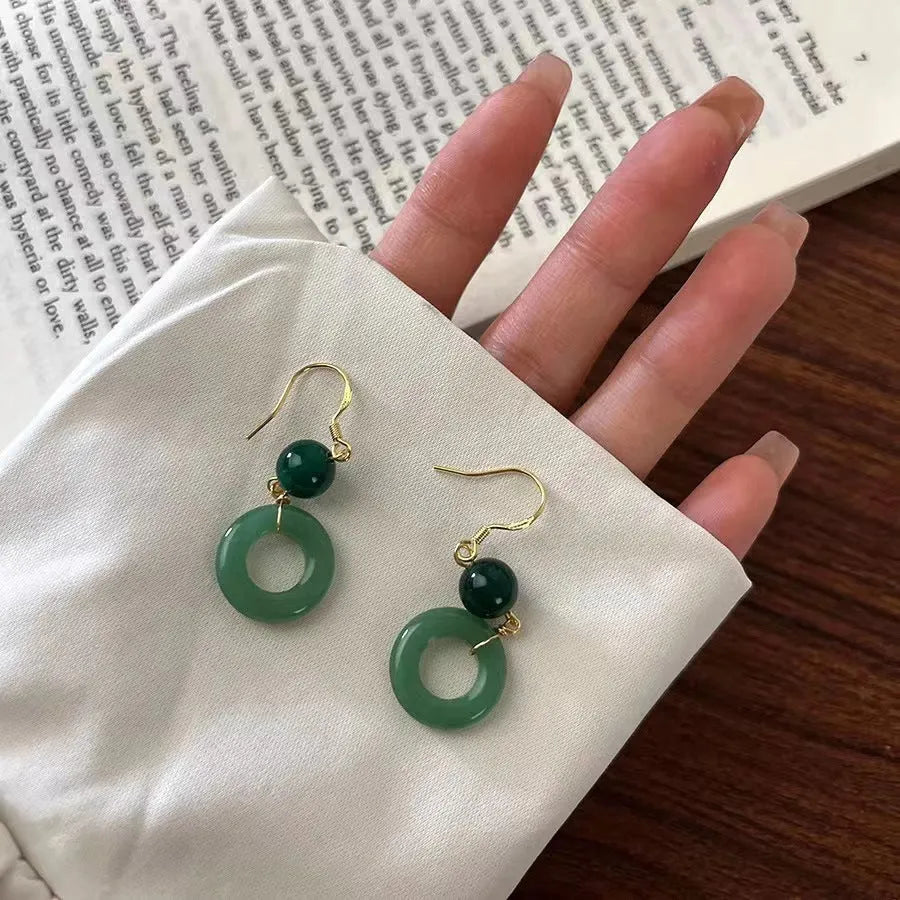 Green jade design cheongsam peace buckle earrings with geometric shape and zinc alloy construction