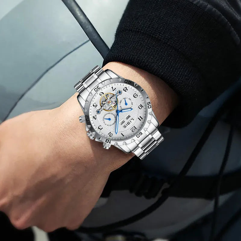 Men's silver automatic perpetual calendar watch with stainless steel strap and sapphire crystal face