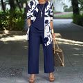 Women's three-piece casual suit in blue with coat, vest, and trousers, featuring printing details and long sleeves