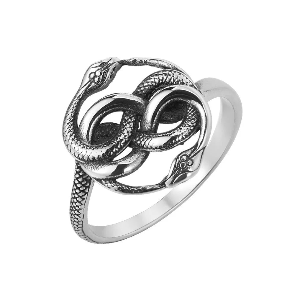 Titanium steel double snake ring with retro design in steel colour, showing detailed scale patterns and matte cold wind finish