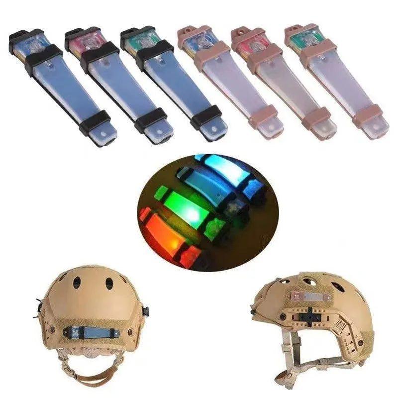 Tactical helmet signal lamp in black or sand shell with red, green, or blue light, 11cm x 3cm x 1.3cm, waterproof.
