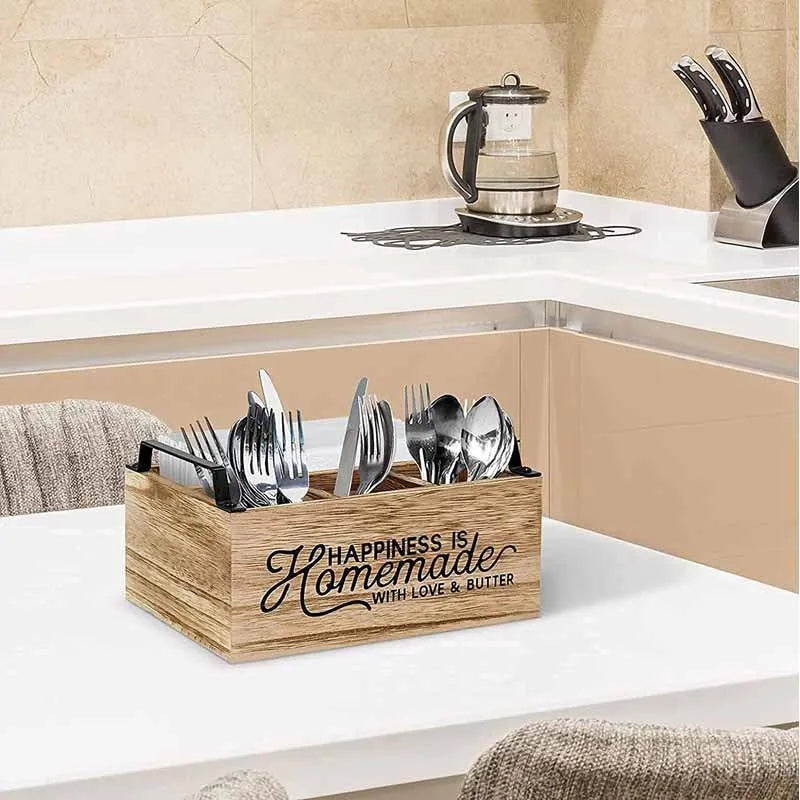 Wooden kitchen tableware storage box with grid dividers, dimensions 23x16.8x10cm, modern minimalist design