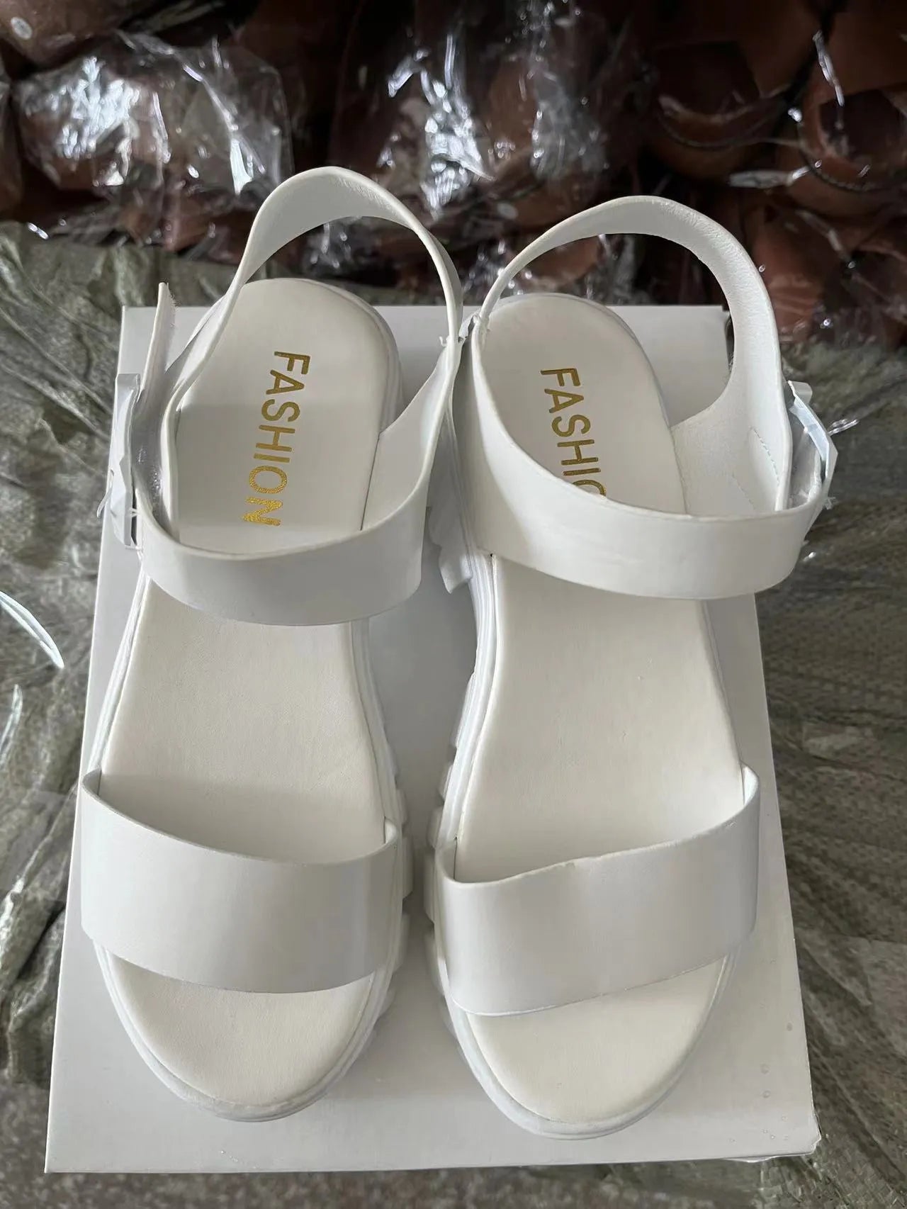 Women's beige platform sandals with peep toe and ankle-strap buckle in college style