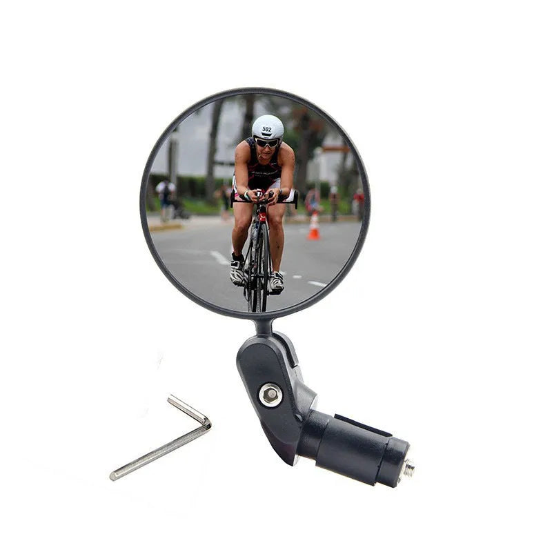 Foldable convex rearview mirror for bicycle handlebars, made of black ABS plastic.