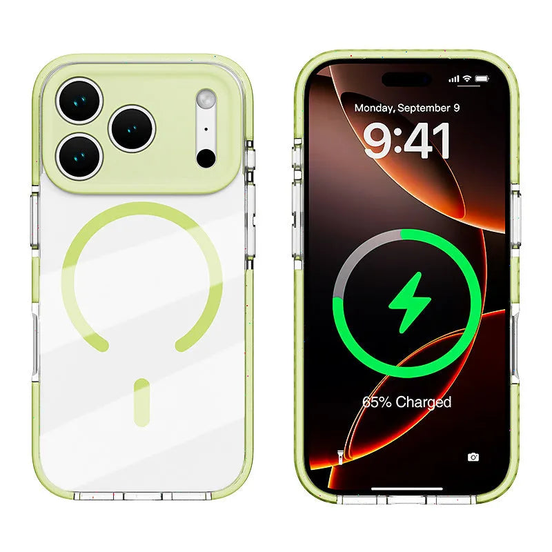 Magnetic transparent iPhone protective case in candy colours showing drop-resistant design