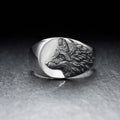 Men's silver geometric wolf head ring showing detailed alloy construction and clean angular lines