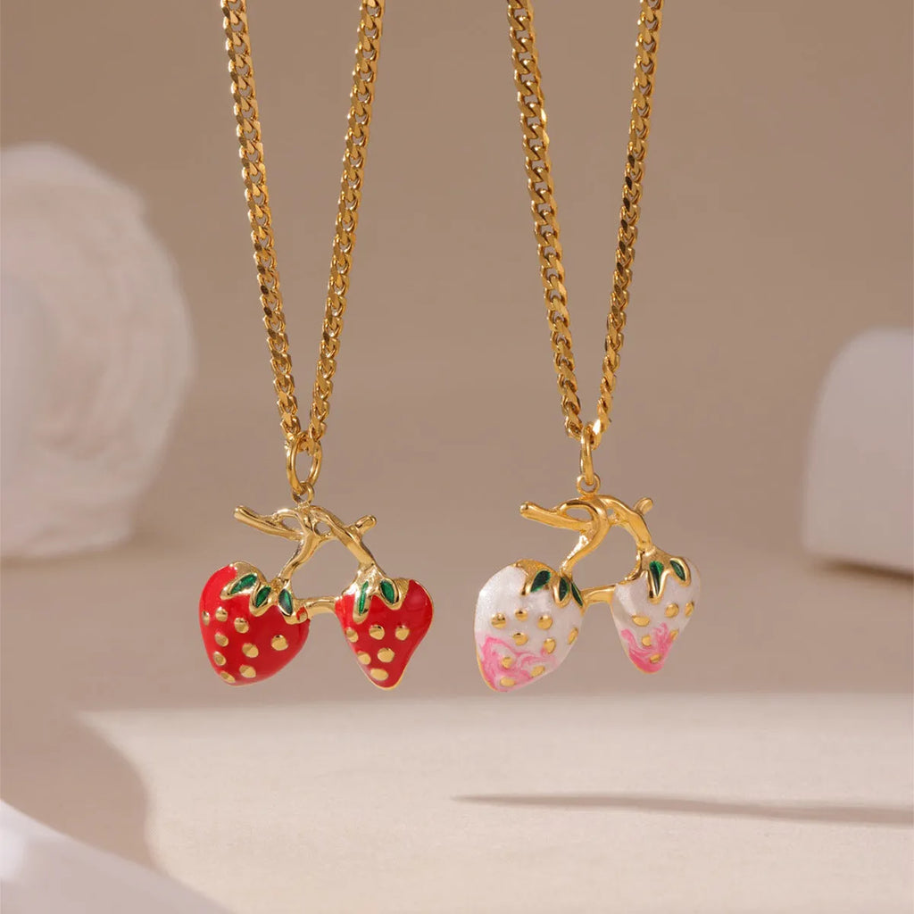 Stainless steel strawberry pendant necklace with 3cm charm in red or white powder gradient finish