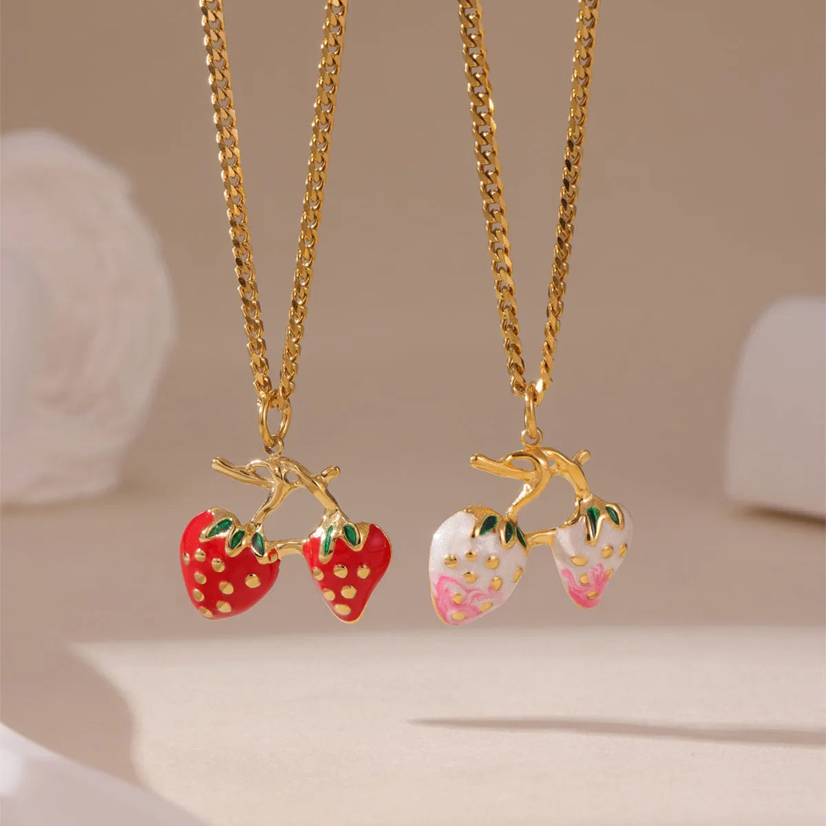 Stainless steel strawberry pendant necklace with 3cm charm in red or white powder gradient finish