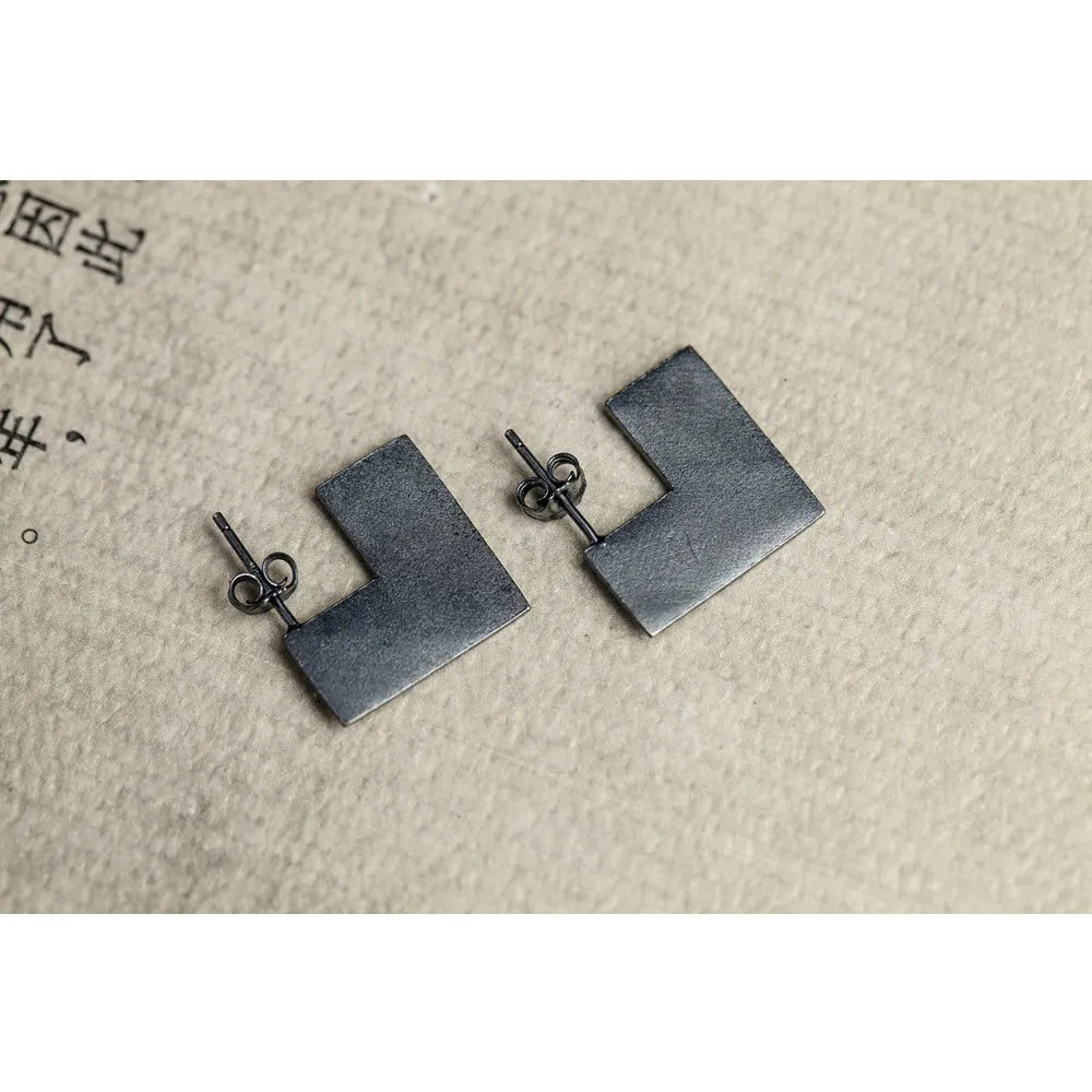 925 sterling silver oxidation black geometry square earrings, 16mm size, minimalist cold wind style