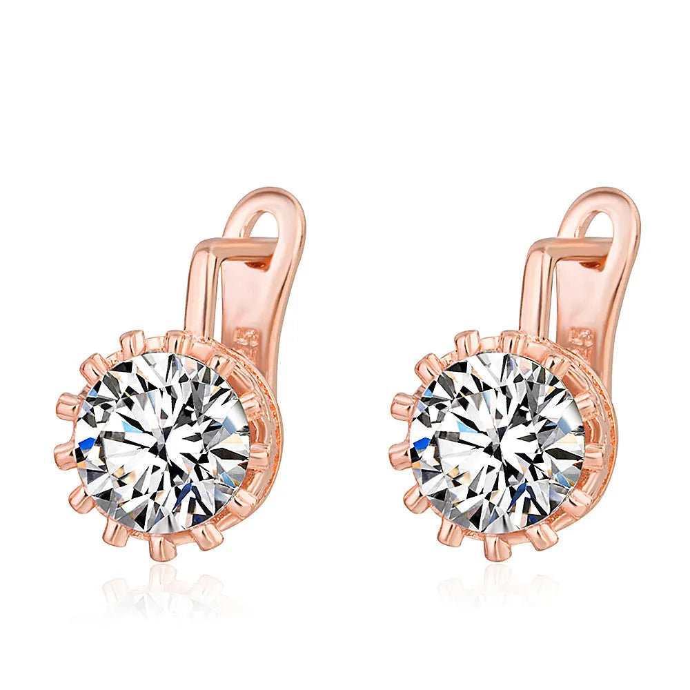 Korean retro crown earrings with white diamond accents on copper clip-on design in rose gold or white gold colour finishes