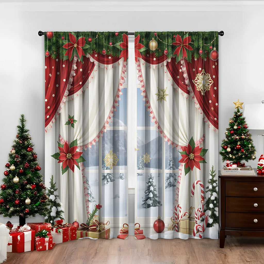 3D digitally printed Christmas curtains pair showing textured festive pattern on polyester fabric