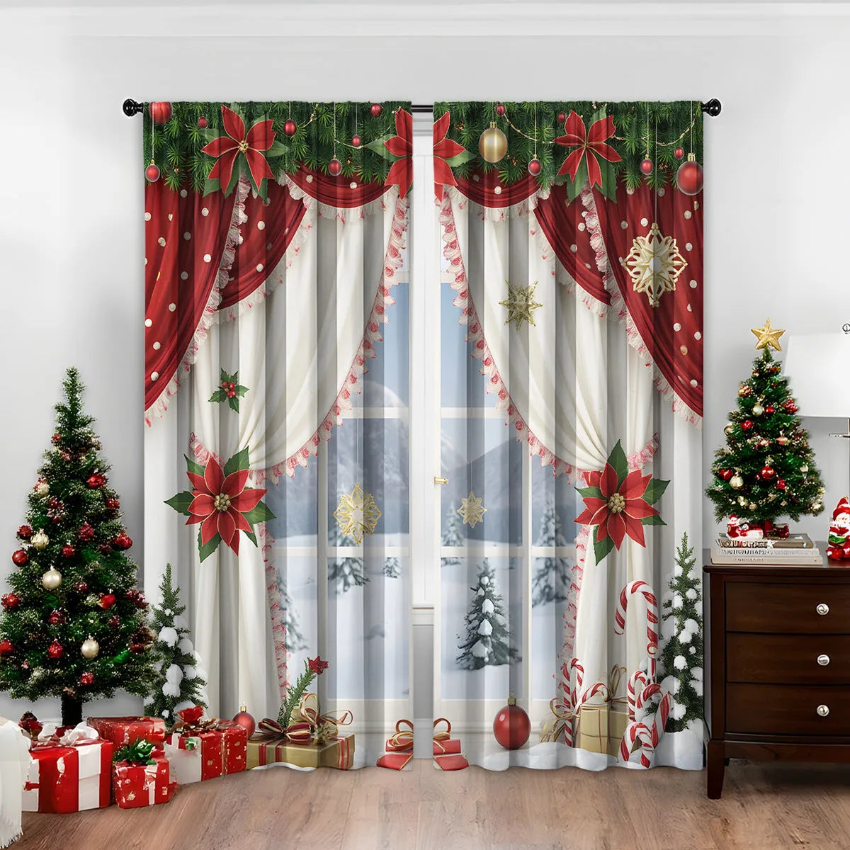 3D digitally printed Christmas curtains pair showing textured festive pattern on polyester fabric