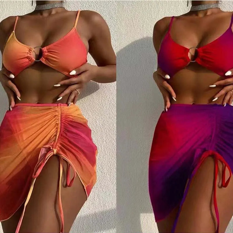 Women's orange and purple gradient print three-piece swimsuit with loop buckle hollow suspenders