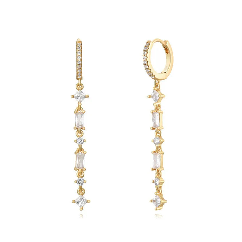 Sterling silver needle micro-inlaid colourful zircon fashion tassel ear clip with geometric U-shaped design