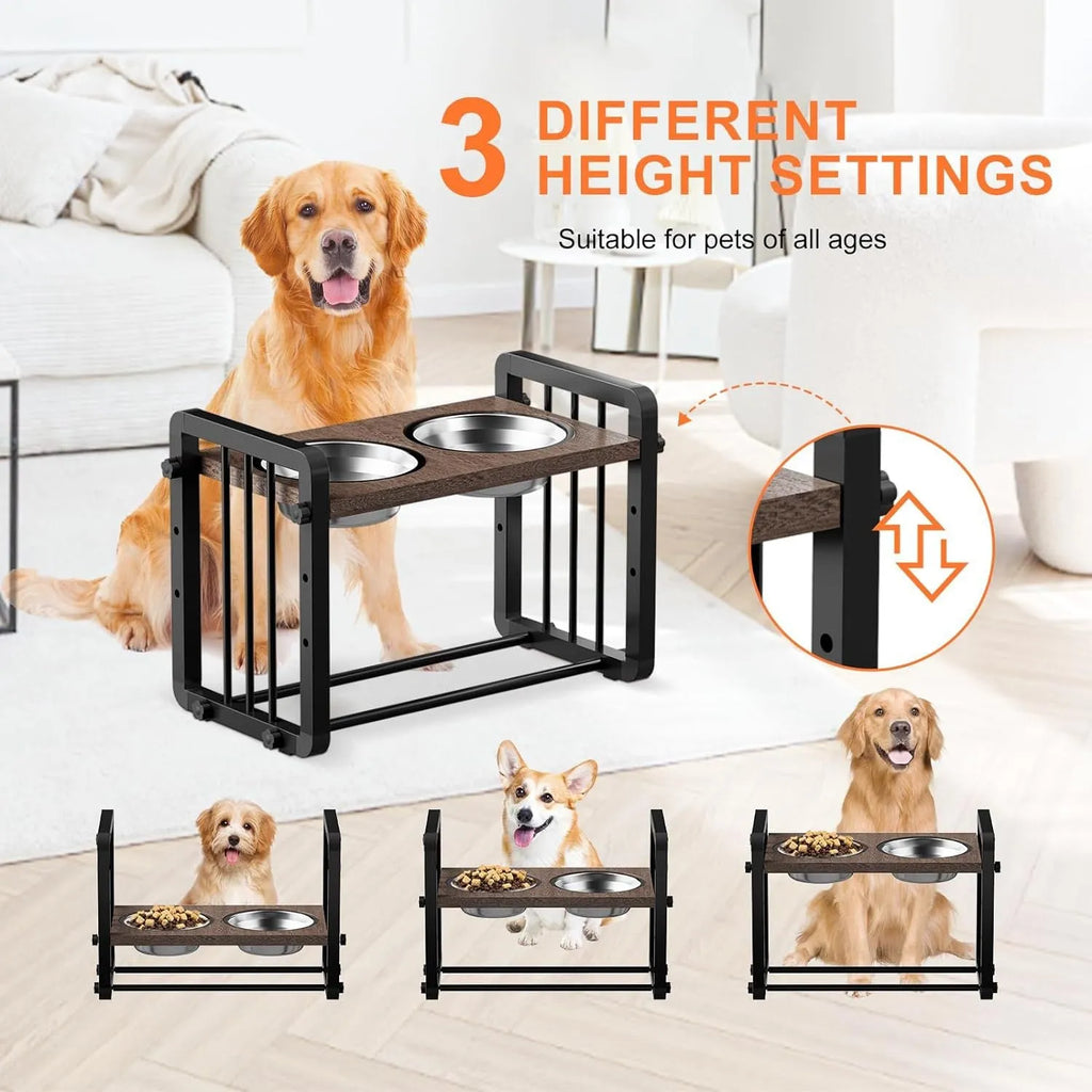 Black wooden dog bowl stand measuring 37 by 23 centimetres with elevated feeding platform