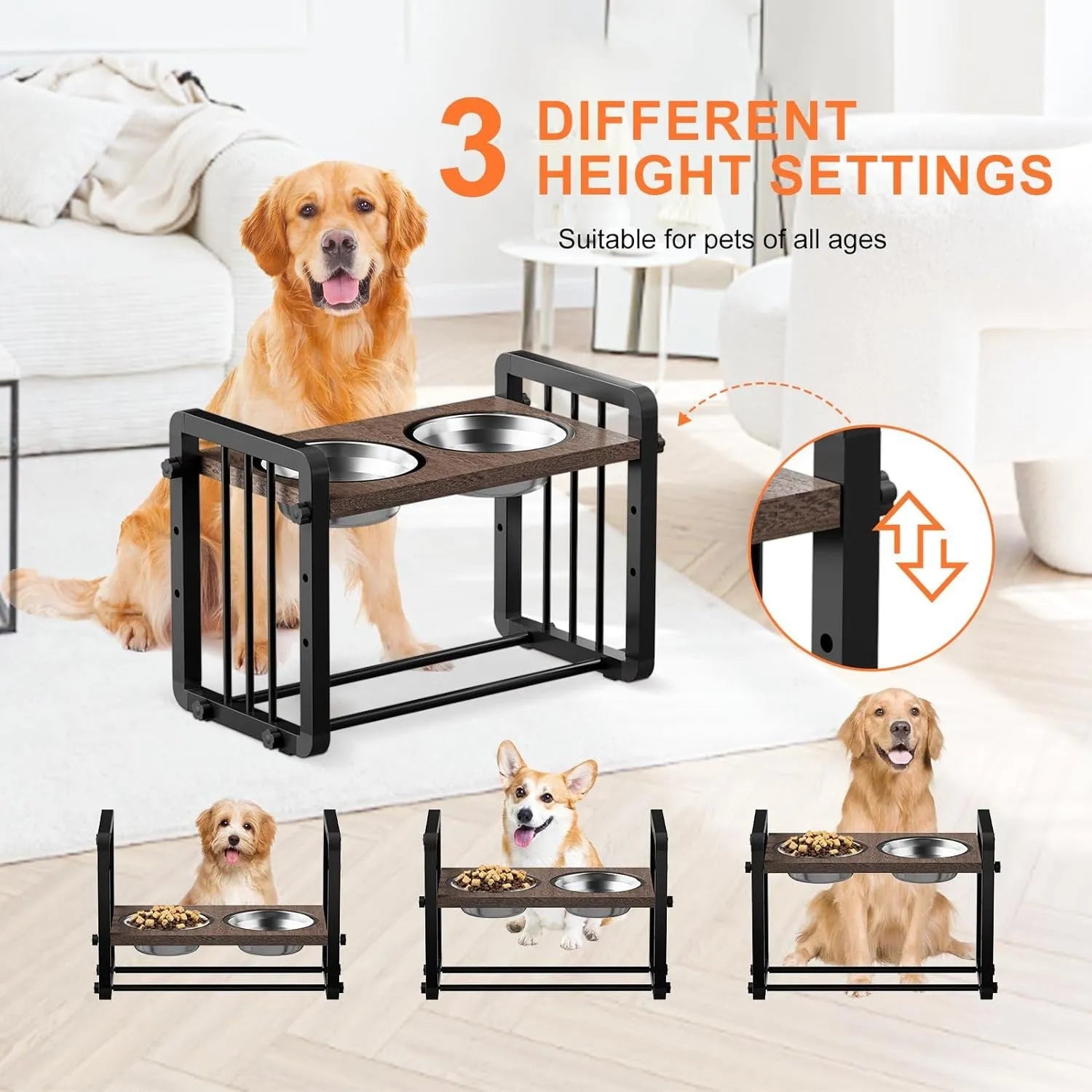 Black wooden dog bowl stand measuring 37 by 23 centimetres with elevated feeding platform