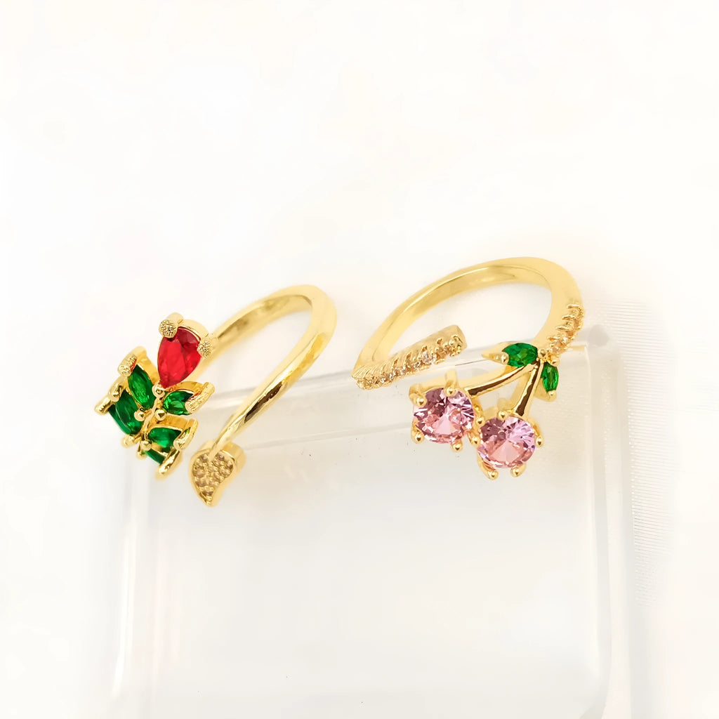 Copper gold open ring with geometric leaf design and zircon micro-inlay details