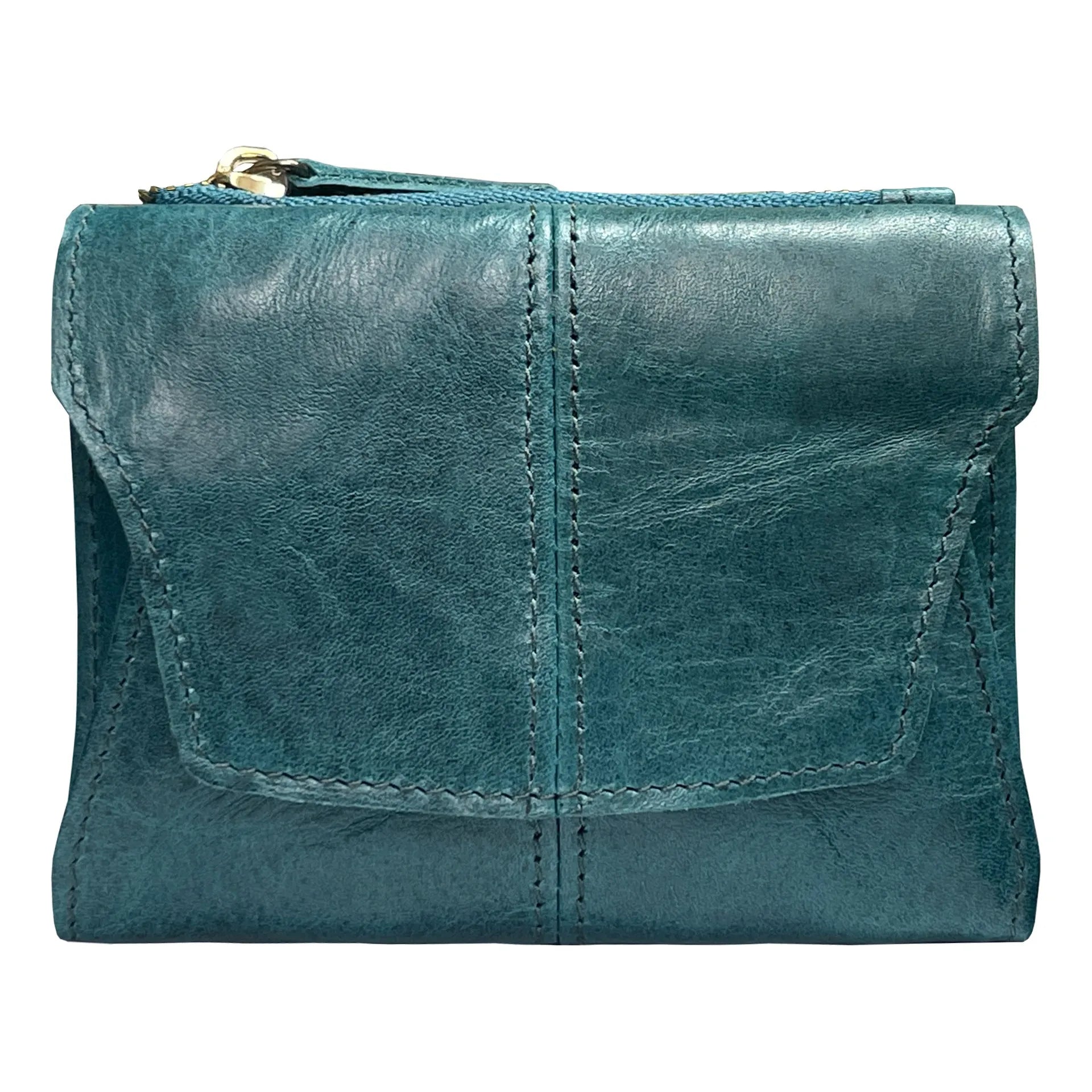 Genuine cowhide leather coin purse with stitching detail and lock mechanism in retro style