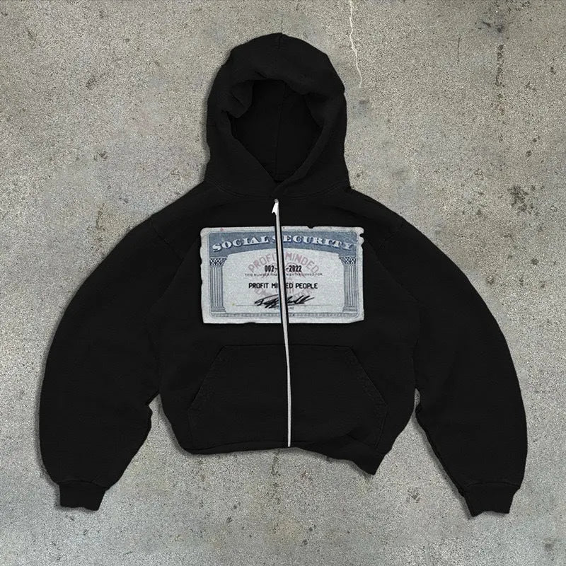 Men's and women's loose-fit zip-up hoodie jacket with letter pattern and zipper pocket in black, grey, or pink