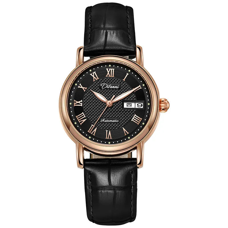 Women's automatic mechanical watch with 12mm thickness showing steel belt and leather strap colour options