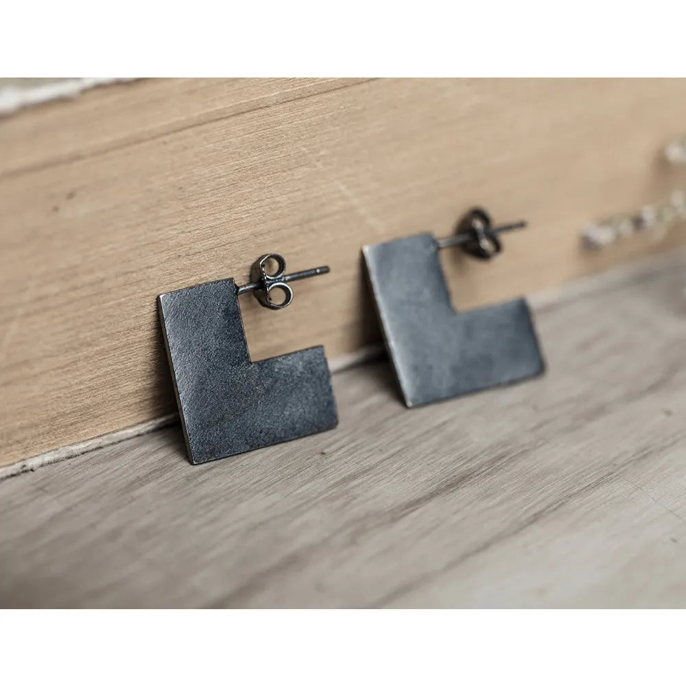 925 sterling silver oxidation black geometry square earrings, 16mm size, minimalist cold wind style