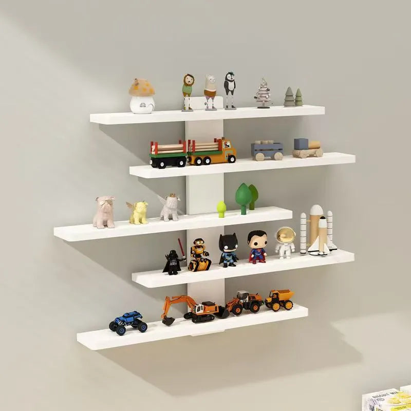 White 5-tier wall-mounted PVC rack displaying a collection of blind box dolls.