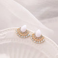 Women's silver geometric fan-shaped earrings with rhinestone and opal detailing on alloy base