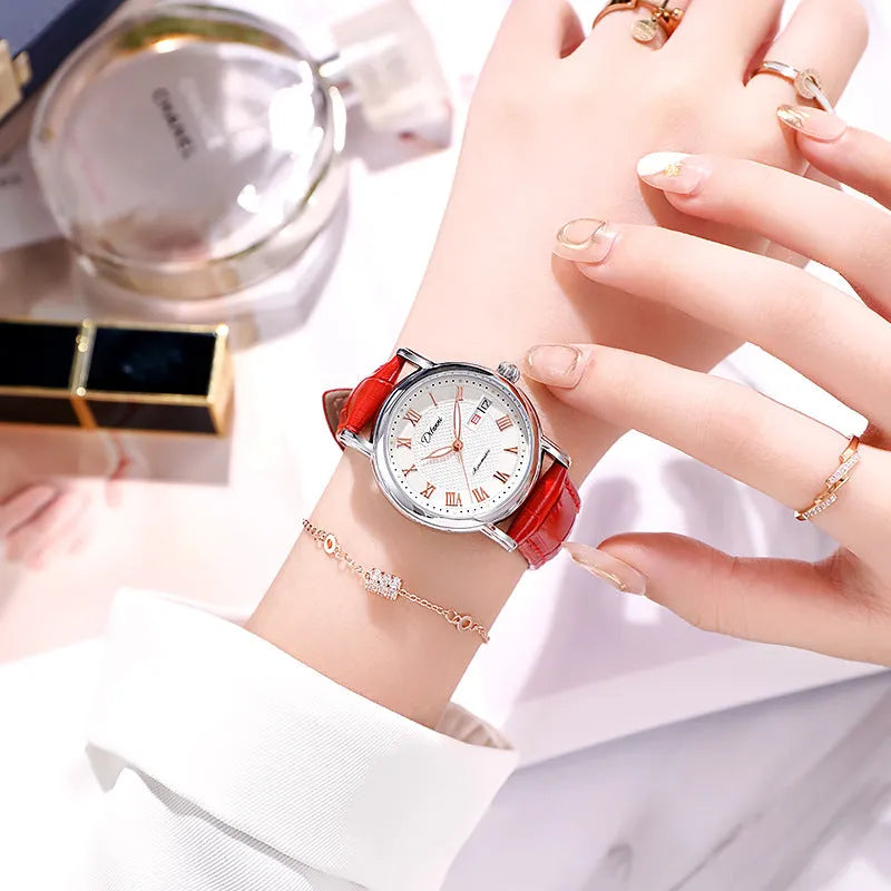Women's automatic mechanical watch with 12mm thickness showing steel belt and leather strap colour options