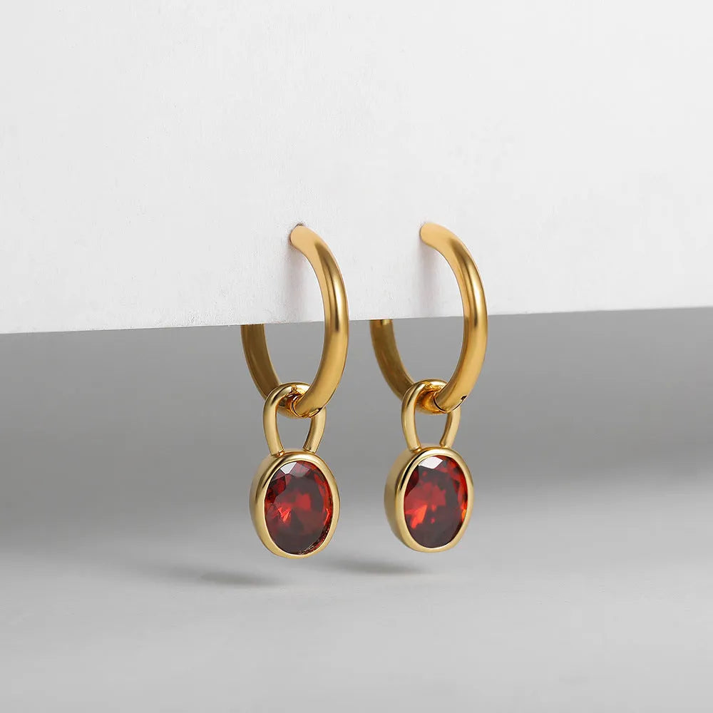 Women's retro oval zircon earrings in six colours including emerald and army green, copper construction
