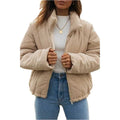 Women's apricot corduroy jacket with stand collar, long sleeves, and zipper closure, showing textured fabric and wadded design.