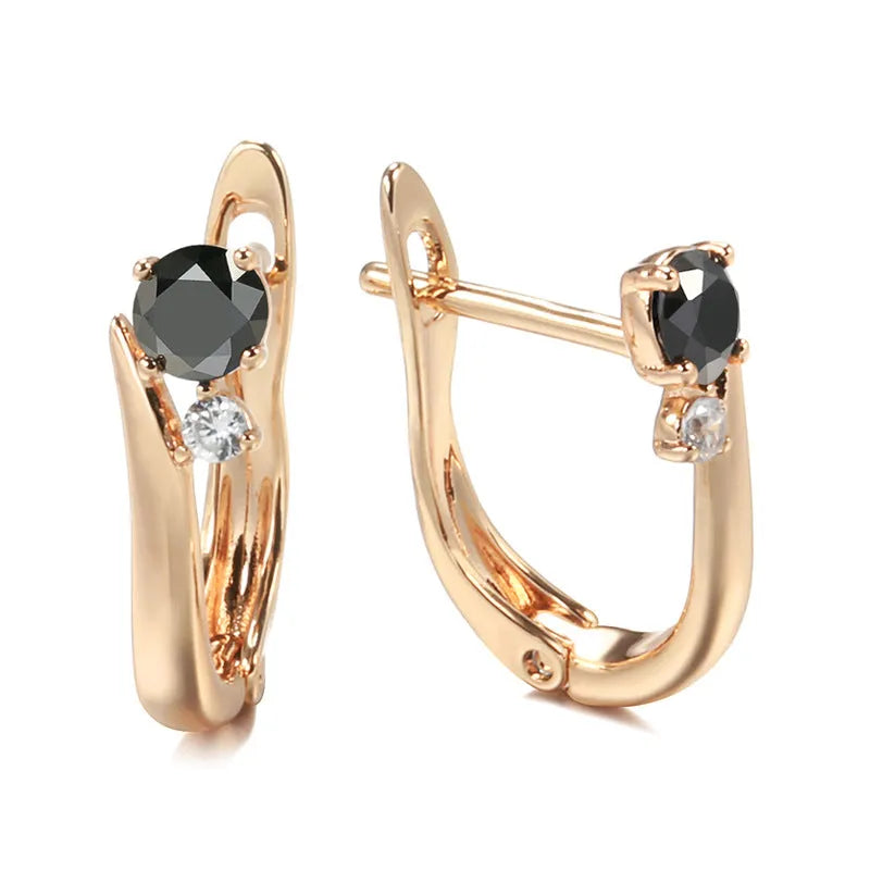 Gold geometric drop earrings with black agate stone inlay on copper setting, retro design