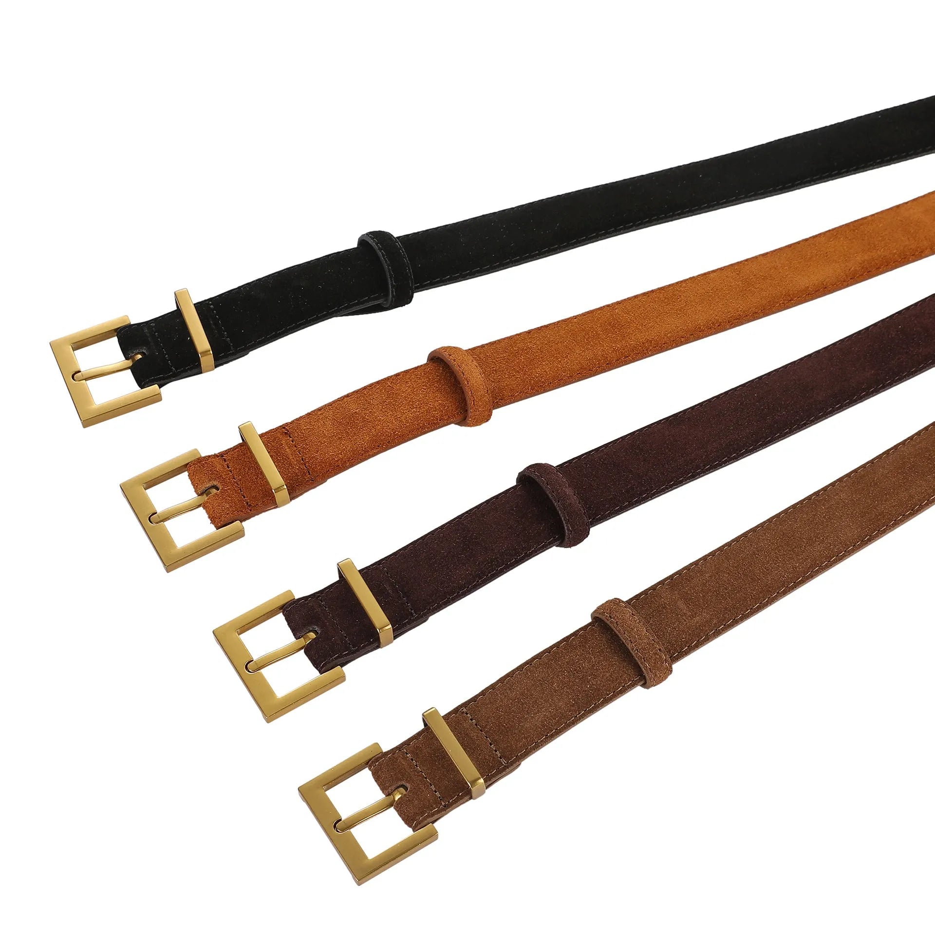 Ladies' genuine leather belt with quadrilateral alloy buckle in black, showing pin buckle fastening and punched leather texture