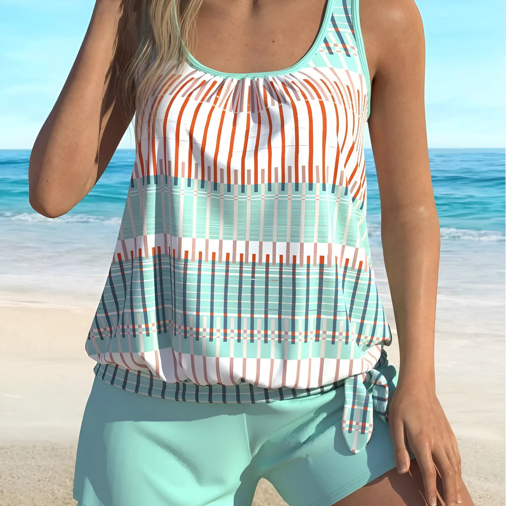Sky blue striped women's bikini swimsuit with colour split design in polyester fabric