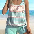 Sky blue striped women's bikini swimsuit with colour split design in polyester fabric