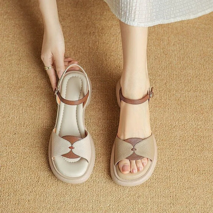 Women's khaki platform sandals with chunky heel and open toe design featuring renewable leather uppers