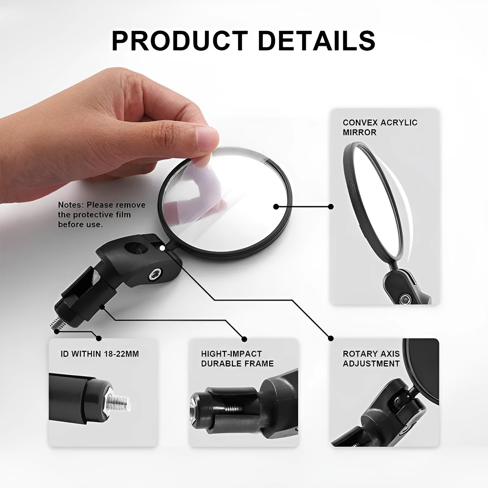 Foldable convex rearview mirror for bicycle handlebars, made of black ABS plastic.