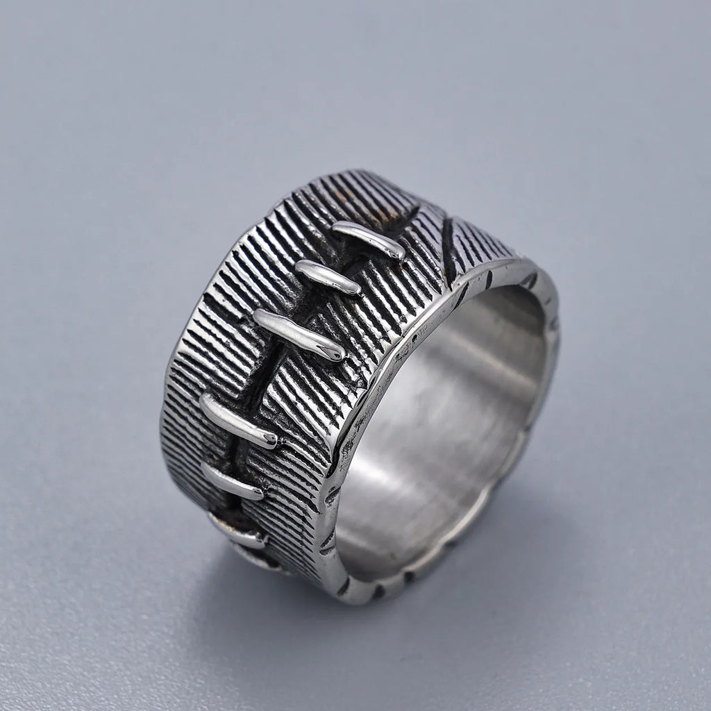Geometric dark punk stitched titanium steel ring with U-shaped double design in retro colour
