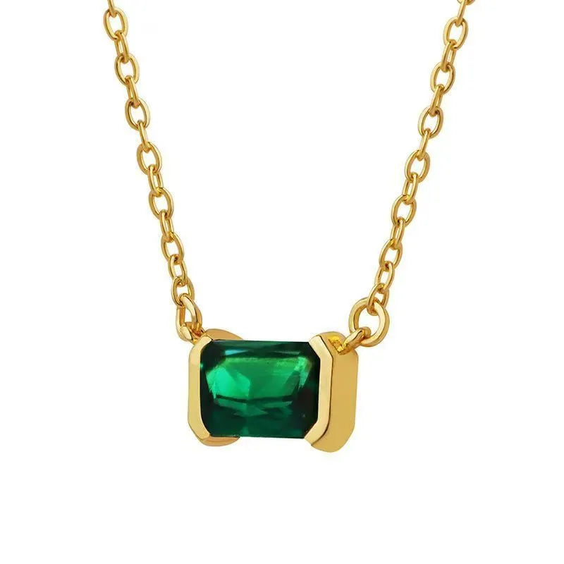 Gold geometric quadrilateral pendant necklace with inlaid Lvzuan detailing on copper base