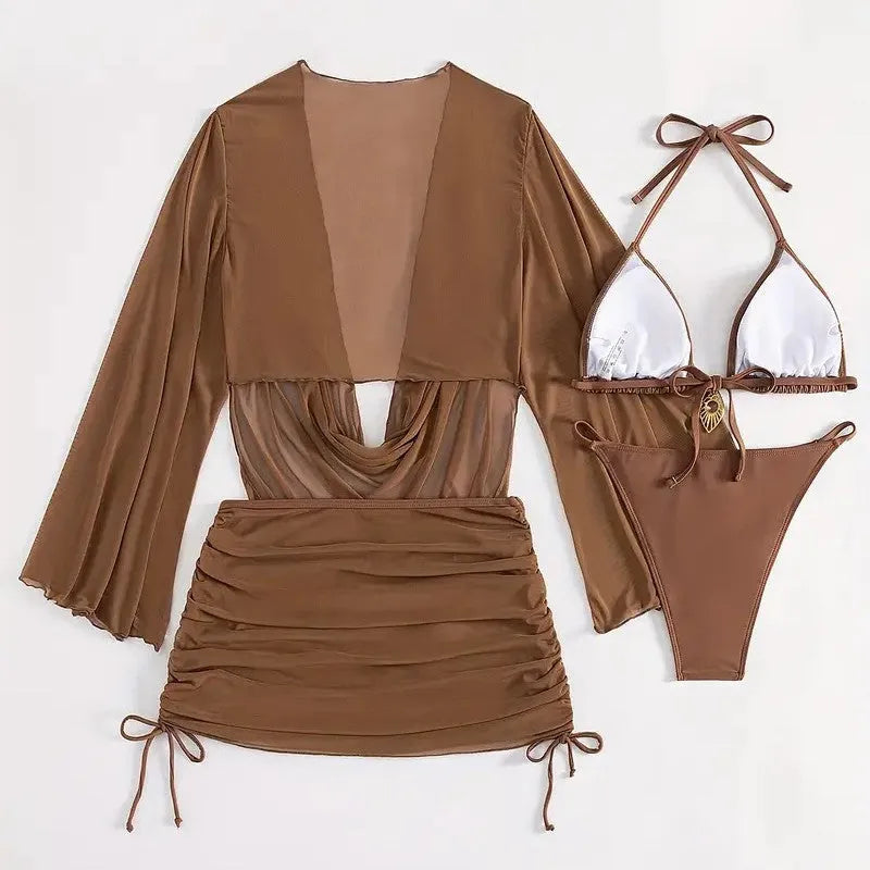 Women's dark brown lace-up bikini suit with adjustable back closure and briefs style for swimming